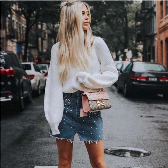 GRLFRND Milla Crystal Pearl Embellished Raw Hem Mini Denim Skirt Blue Solstice M - Picture 2 of 16